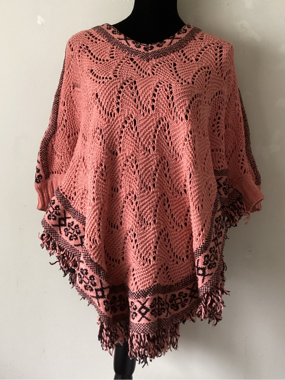 Love for Luck orange  Knit Fringe Poncho Sweater